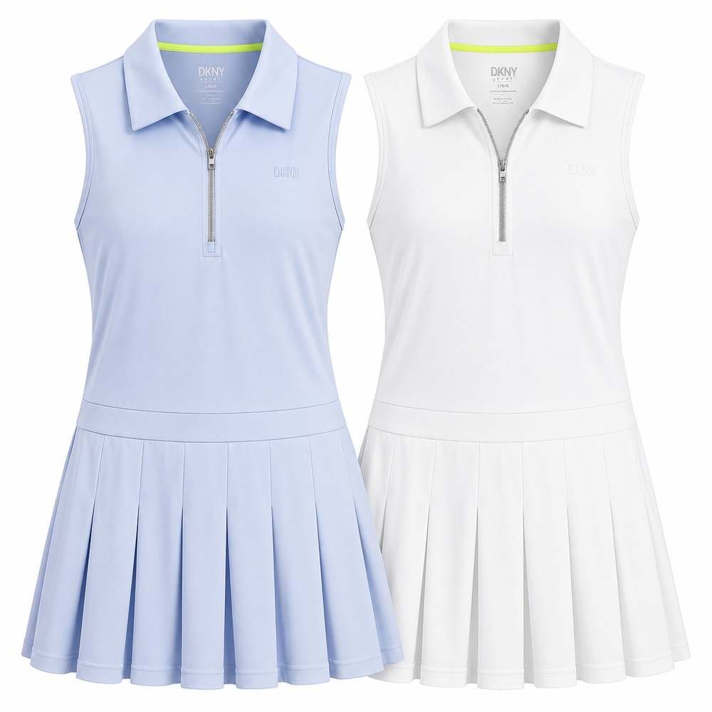 DKNY Sport Golf Dress Womens Large Blue White Pleated Quarter Zip Tennis Core